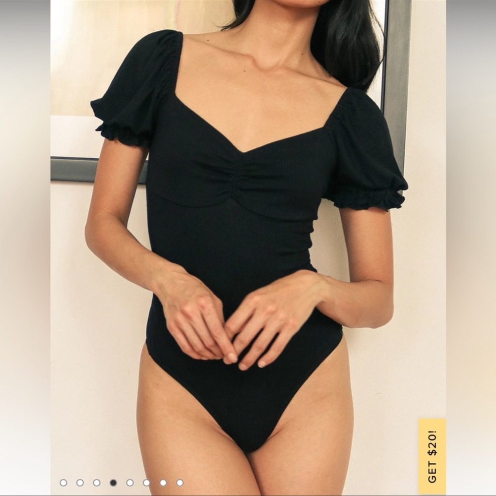NWT LULUS ROMANTIC INCLINATION BLACK RIBBED KNIT PUFF SLEEVE BODYSUIT